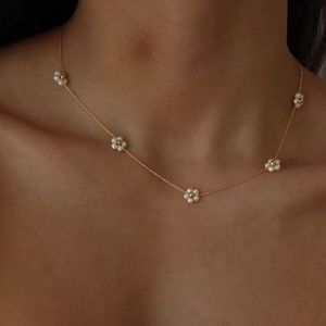 NEW TEWIKY dainty gold necklace with white beaded flowers